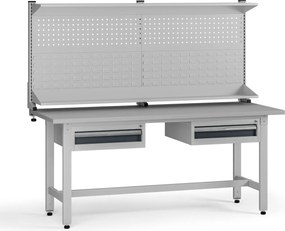 Výškovo nastaviteľný dielenský stôl G5 s nadstavbou, 1800 x 750 x 800-1000 mm, 2x kontajner, 2 zásuvky, grafit