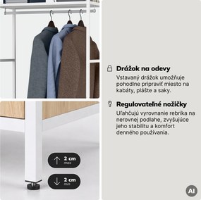 Kancelársky regál otvorený s tyčou na oblečenie, do recepcie a čakárne, kovový, biely/dub sonoma, 800x2200x400 mm: ARIEL Eco Design