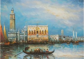 Sklenený obraz - Gondola prechádzajúca Benátkami, olejomaľba (70x50 cm)
