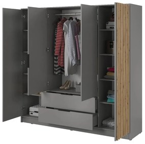 ŠATNÍKOVÁ SKRIŇA LETIZIA III S LAMELAMI A ZRKADLOM SIVÁ / DUB ARTISAN 206 cm