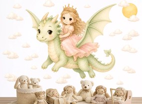 Princezná na drakovi nálepky na stenu pre dievčatá hárok 45 x 37 cm