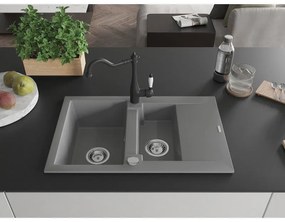 Mexen Gaspar, 1,5-komorový granitový drez 737x475x177 mm a drezová batéria Carla, šedá, 6507-71-670700-70