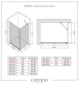Cerano Antelo, 1-krídlový sprchovací kút 90(dvere) x 40(stena) x 190 cm, 6mm číre sklo, čierny profil, CER-CER-477257