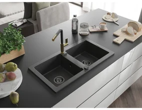 Mexen Mario, 2-komorový granitový drez 820x436x161 mm a drezová batéria Flora, čierna škvrnitá, 6504-76-670401-57-B