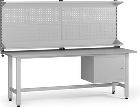 Výškovo nastaviteľný dielenský stôl G5 s nadstavbou, 2100 x 750 x 800-1000 mm, 1x skrinka, sivá