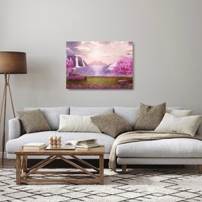 Sklenený obraz ružových stromov s jazerom (70x50 cm)