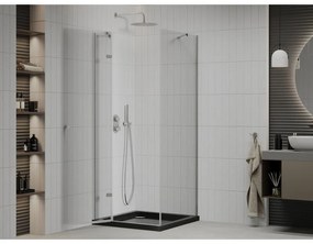 Mexen Roma, sprchový kút s krídlovými dverami 80 (dvere) x 80 (stena) cm, 6mm číre sklo, chrómový profil + slim sprchová vanička čierna + chrómový sifón, 854-080-080-01-00-4070