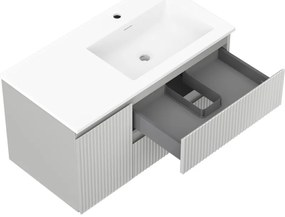 Mexen Rivel, kúpeľňová skrinka 90 cm s pravým umývadlom Otis, 2S, 1D, drážkovaná, sivá matná/biela matná - 91A23-09047-3-BBFFF62-W18P01