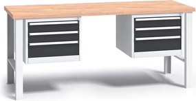 Pracovný stôl do dielne G3 s 2 závesnými boxami na náradie, buková škárovka, 6 zásuviek, pevné kovové nohy, 2000 mm, grafit