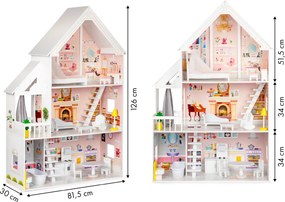 Drevený domček pre bábiky ECOTOYS – Púdrová rezidencia XXL, 3-poschodový, 15 ks nábytku