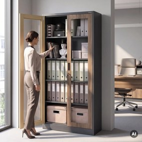 Kovová skriňa s vitrínou antracitová, orech, 900x1850x400 mm: AMELIA Eco Design