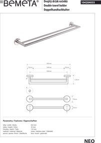 Bemeta Design NEO: Držiak uterákov, 600 mm, dvojitý - 104204055
