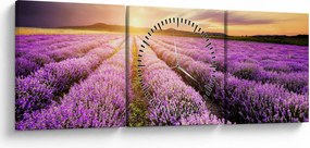 Obraz - Východ slnka v levanduľovom poli (s hodinami) (90x30 cm)