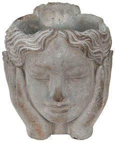 Šedý cementový kvetináč hlava dievčatá v dlaniach - 14*16*17 cm