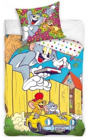 Bavlnené posteľné obliečky Tom a Jerry v žltom kabriolete - 100% bavlna Renforcé - 70 x 90 cm + 140 x 200 cm