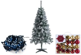 Livarno home Zasnežený umelý vianočný stromček, 150 cm + Svetelná LED reťaz, studená biela + Ozdoby, červené/zlaté  (800011005)