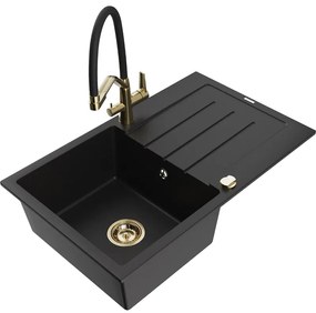 Mexen Bruno, 1-komorový granitový drez 795x495x200 mm a drezová batéria Duo, čierna, 6513-77-671701-57-G