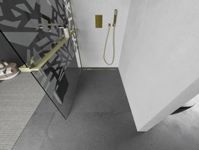 Mexen Kioto+, sprchová zástena Walk-In s poličkou a vešiakom 110 x 200 cm, 8mm číre sklo biely vzor, zlatý matný profil, 800-110-121-55-85