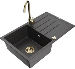 Mexen Bruno, 1-komorový granitový drez s odkvapkávačom 795x495x200 mm a zlatá kuchynská batéria Telma, čierna škvrnitá, 6513-76-670200-50