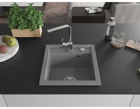 Mexen Vito, 1-komorový granitový drez 520x490x210 mm, chrómová batéria Rita, šedá, 6503-71-670300-00