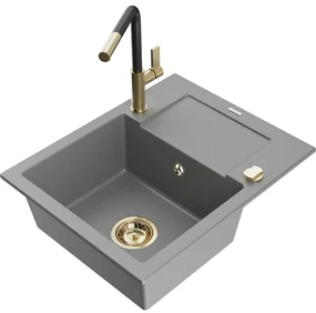 Mexen Enzo, 1-komorový granitový drez 576x465x174 mm a drezová batéria Flora, šedá, 6506-71-670401-57-G
