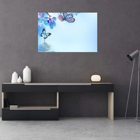 Obraz - Motýľ na kvetoch orchidey, modrý (90x60 cm)