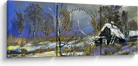 Obraz chalúpky v zimnej krajine, olejomaľba (s hodinami) (90x30 cm)