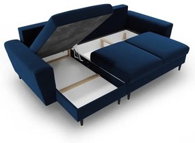 Modrá zamatová rozkladacia/s úložným priestorom rohová pohovka Kyoto – Cosmopolitan Design