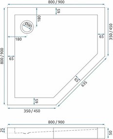 Päťuholníkový sprchový kút REA DIAMOND 90x90 cm, kartáčovaná meď/transparent + vanička Diamond biela