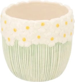 Bielo-zelený obal na kvetináč s reliéfom kvetov Jane Flower - Ø 10*9 cm