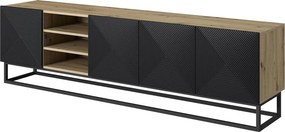 TV skrinka Asha 200 cm s otvorenými policami na podstavci - dub artisan / čierny mat