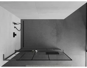 Mexen Kioto+ L, sprchová zástena Walk-In s poličkou a vešiakom 120 x 200 cm, 8mm číre sklo čierny vzor, grafitový profil, 800-120-123-66-78
