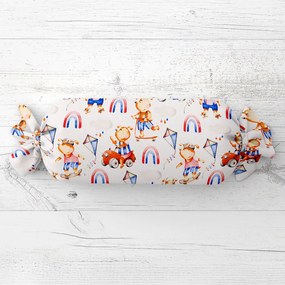 Biante Detský vankúš valec bonbon Sandra SA-521 Modro-červení psíkovia s autami na bielom 15x80 cm