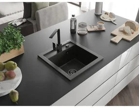 Mexen Vito, 1-komorový granitový drez 520x490x210 mm, čierna batéria Rita, čierna-zlatá metalíza, 6503-75-670300-70-B