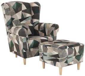 Kondela Kreslo, ušiak s taburetom, hnedozelená vzor látka, ASTRID