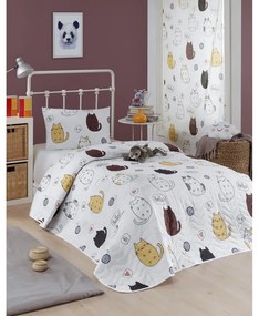 Set prehozu cez posteľ a obliečky na vankúš s prímesou bavlny Eponj Home Hello Cats White, 160 x 220 cm