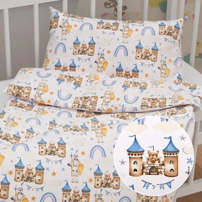 Biante Detské bavlnené posteľné obliečky do postieľky Sandra SA-666 Modro-hnedé hrady a rytieri na bielom Do postieľky 100x135 a 40x60 cm
