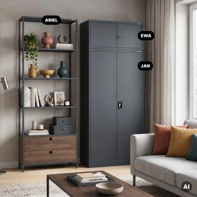 Regál so zásuvkami do kancelárie, na šanóny a dokumenty, otvorené police, kovový, antracitový/orech, 800x2200x400 mm: ARIEL Eco Design