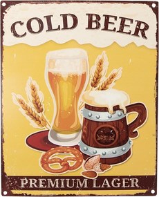 Žltá antik nástenná kovová ceduľa Cold Beer - 20*1*25 cm