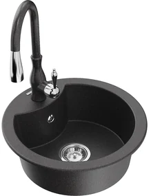 Mexen Diego, 1-komorový granitový drez 488x488x167 mm a drezová batéria Savita, čierna škvrtnitá, 6512-76-672601-76
