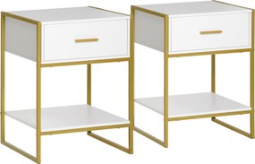 HOMCOM Set 2 Moderných Nočných Stolíkov, 2 Nočné Stolíky do Spálne a Obývačky, s Šuplikom a Otvorenou Poličkou, Moderný Dizajn, MDF a Oceľ, 45x40x60cm