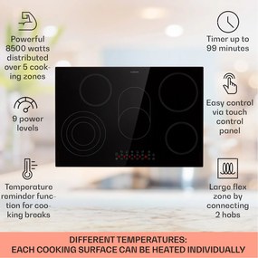 Klarstein Virtuosa 5, vstavaná varná doska, 5 zón, 8500W, sklokeramika