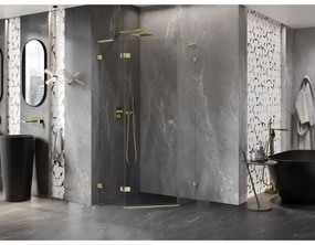 Mexen Lunar, L päťuholníkový sprchový kút naklápací doľava 100 x 100 cm, 8mm číre sklo, zlatý profil, 831L-100L-100P-50-00-L