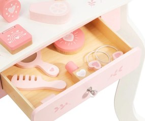 Veľká drevená toaletka ELLY pre deti s LED svetlom a taburetkou ružová