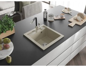 Mexen Vito, 1-komorový granitový drez 490x520x210 mm a drezová batéria Flora, béžová, 6503-69-670401-07