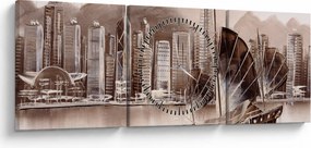 Obrázok - Victoria Harbor, Hong Kong, sépiový efekt (s hodinami) (90x30 cm)