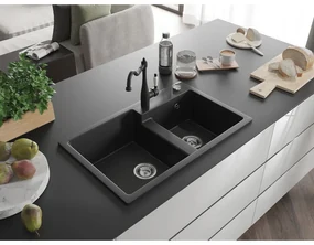 Mexen Tomas, granitový drez 800x500x190 mm, 2-komorový a drezová batéria Carla, čierna, 6516-77-670700-70