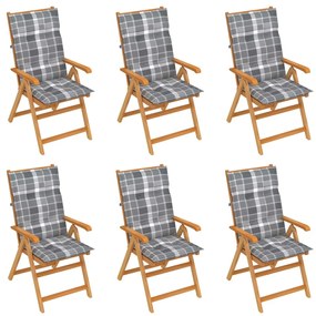 Záhradné stoličky 6 ks so sivými kockovanými podložkami tíkový masív 3065589