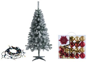 Livarno home Zasnežený umelý vianočný stromček, 150 cm + Farebná svetelná LED reťaz + Ozdoby, červené/zlaté  (800011013)