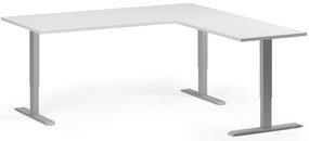 Výškovo nastaviteľný stôl, 180x180 cm, 3 motory, L/P, sivá podnož, biela